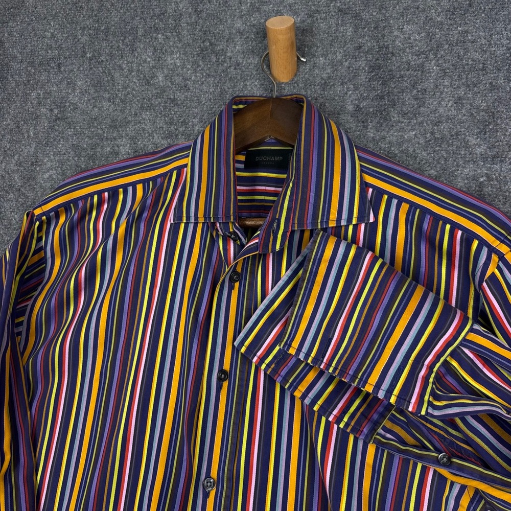 Duchamp London Dress Shirt Mens 16.5 Multi Color Stripe French Cuff Italy 0392